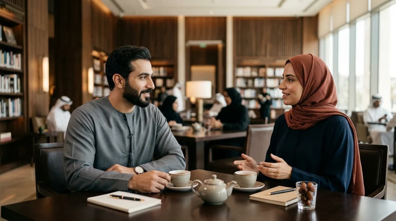 شخصان في لقاء يظهر فيه الدفء والكفاءة من خلال التفاعل