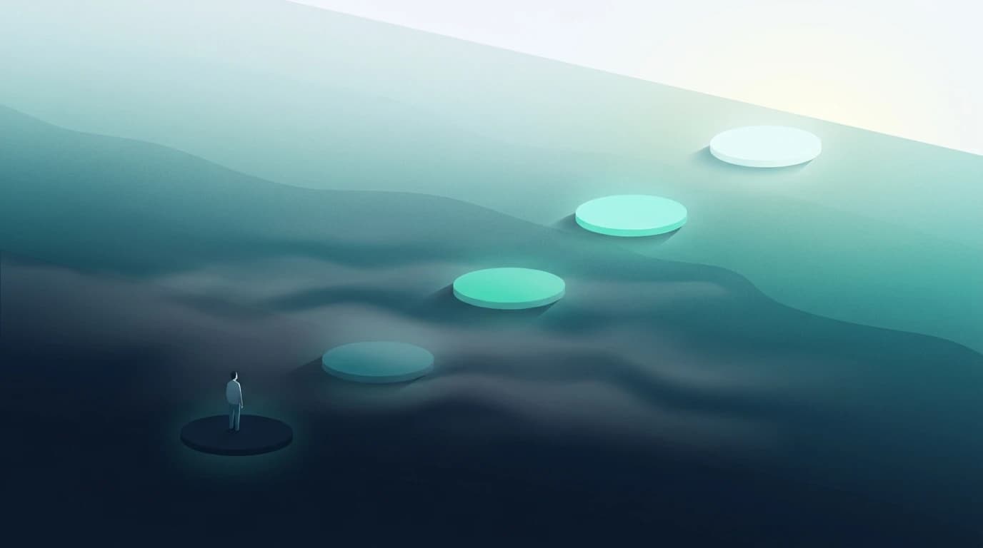 Winding path of five glowing milestones ascending through fog toward dawn