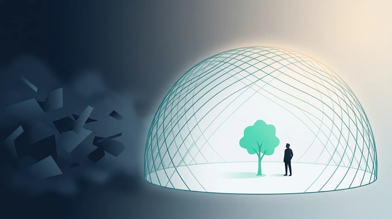 Calm figure inside a thin teal geometric dome while chaos stays outside