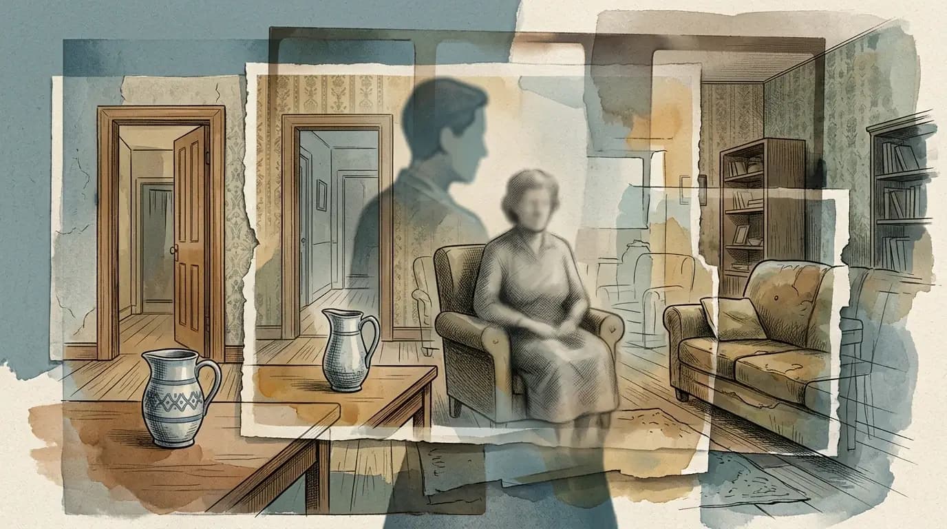 Overlapping translucent versions of the same living room with a duplicated jug and shifting walls, showing memory being rebuilt with subtle differences on every recall.