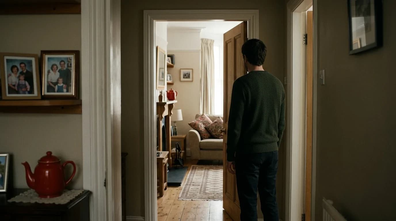 A person observing a familiar scene with subtle inconsistencies, illustrating how memories can feel accurate while being reconstructed.