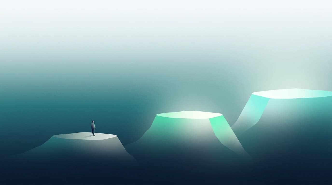 Three ascending illuminated plateaus under a dawn gradient with a figure on the first