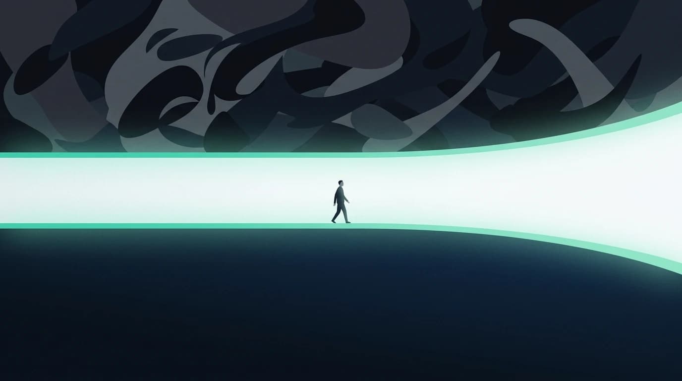 Calm luminous horizontal band between deep abyss and chaotic storm, a figure inside