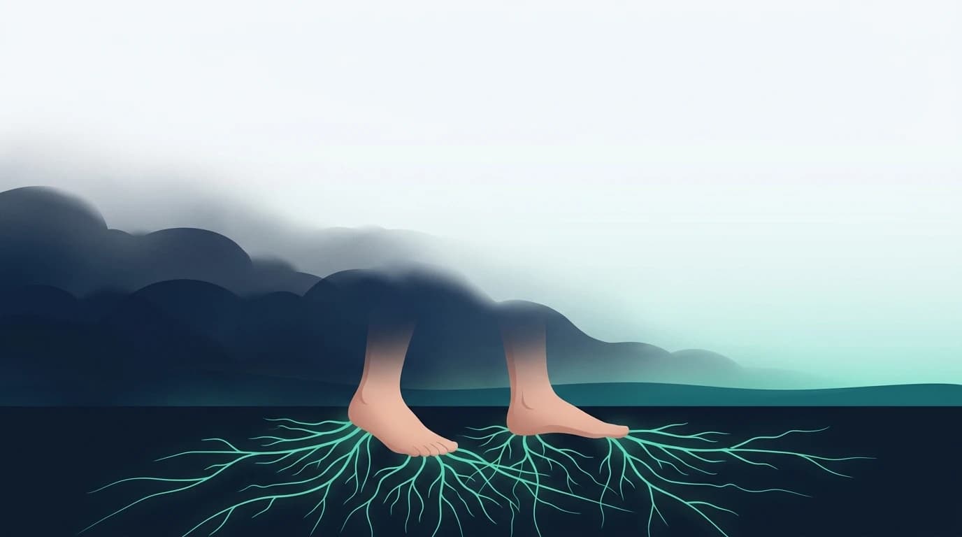 Bare feet on solid ground with roots of light spreading as fog thins above