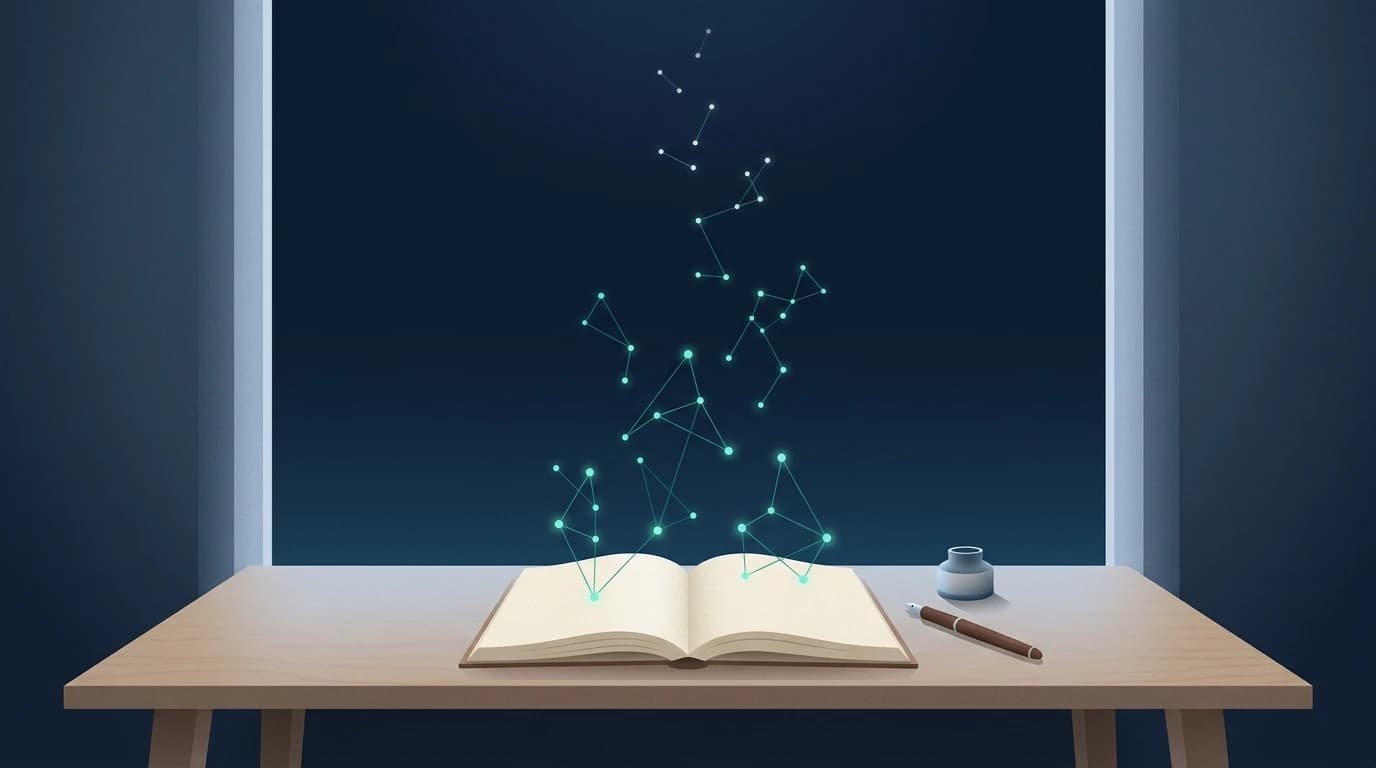 Open journal with constellations of ordered light rising from its pages
